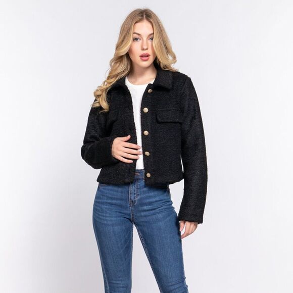 Black Long sleeve teddy‎ fleece short jacket - Picture 1 of 3